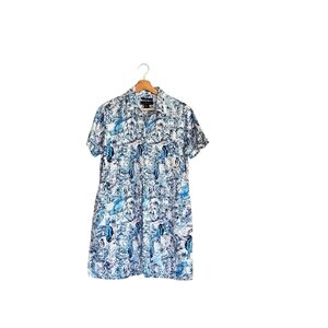 Tahari Linen Dress Small White with blue tropical bird print Coastal Grandma